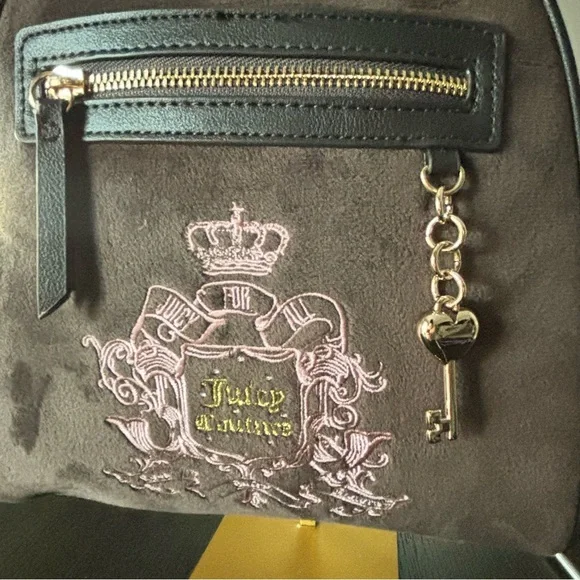 Juicy Couture Velour Backpack Brown Crest Logo Heart Key Charm NWT Y2K - Picture 6 of 7